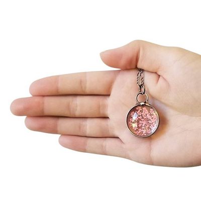 Alternate image for Pressed Flower Necklace for Women, Pink Queen Annes Lace Pendant, Dried Flower Jewelry