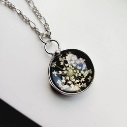 Image for Pressed Flower Necklace for Women, Black Stained Glass Pendant, Natural Flower, Queen Annes Lace Jewelry