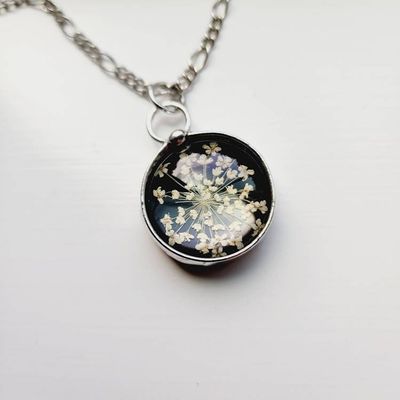 Alternate image for Pressed Flower Necklace for Women, Black Stained Glass Pendant, Natural Flower, Queen Annes Lace Jewelry