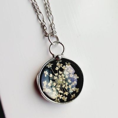 Alternate image for Pressed Flower Necklace for Women, Black Stained Glass Pendant, Natural Flower, Queen Annes Lace Jewelry