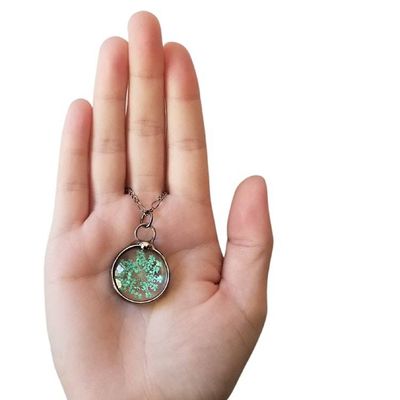 Alternate image for Pressed Flower Pendant Necklace for Women, Teal Queen Annes Lace Wildflowers, Glass not Resin
