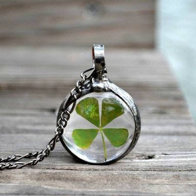 Alternate image for Four Leaf Clover Necklace, Glass Terrarium Pendant, 4 Leaf Good Luck Charm, March Birthday Jewelry Gift