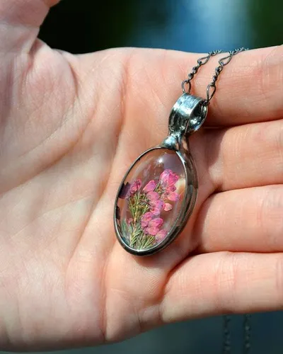 Alternate image for Pressed Flower Pendant Necklace for Women, Real Pink Scottish Heather Wildflowers, Glass Terrarium Jewelry