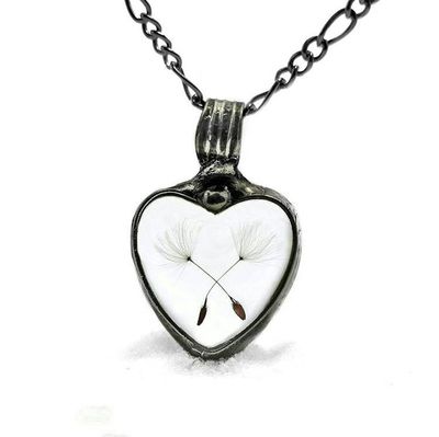 Alternate image for Dandelion Seed Heart Pendant Necklace for Women, Stained Glass Terrarium Jewelry, Two Seeds