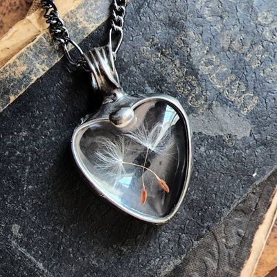 Alternate image for Dandelion Seed Heart Pendant Necklace for Women, Stained Glass Terrarium Jewelry, Two Seeds