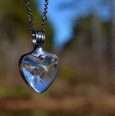 Alternate image for Dandelion Seed Heart Pendant Necklace for Women, Stained Glass Terrarium Jewelry, Two Seeds