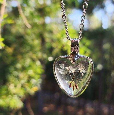 Alternate image for Dandelion Seed Heart Pendant Necklace for Women, Stained Glass Terrarium Jewelry, Two Seeds
