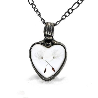 Alternate image for Dandelion Seed Heart Pendant Necklace for Women, Stained Glass Terrarium Jewelry, Three Seeds