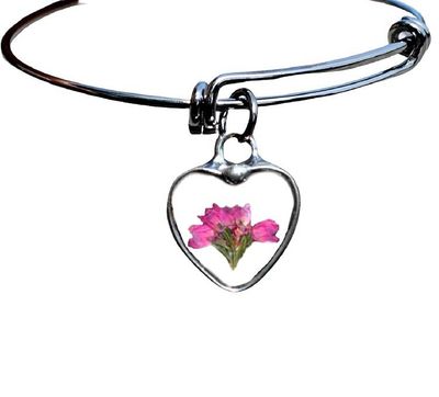 Alternate image for Pressed Flower Jewelry, Pink Heather Heart Bracelet, Quality Glass Pendant, Valentines Day Gift for Her