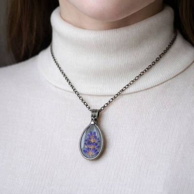 Alternate image for Pressed Flower Necklace for Women, Teardrop Glass Terrarium Pendant, Purple Lavender Jewelry