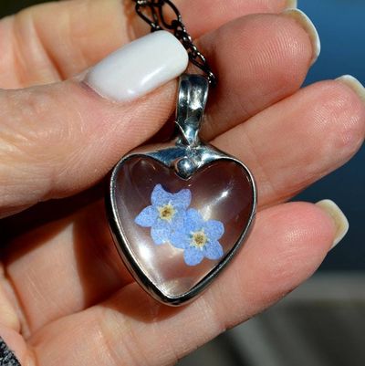 Alternate image for Pressed Flower Jewelry, Forget-Me-Not Heart Pendant, Quality Glass Necklace for Women