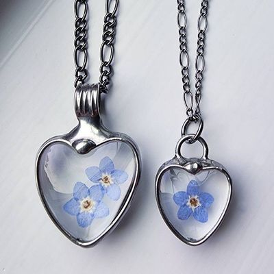 Alternate image for Pressed Flower Jewelry, Forget-Me-Not Heart Pendant, Quality Glass Necklace for Women