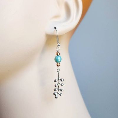 Alternate image for Handmade Long Dangle Earrings, Turquoise & Copper with Sterling Silver Ear Wires