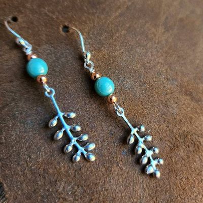 Alternate image for Handmade Long Dangle Earrings, Turquoise & Copper with Sterling Silver Ear Wires