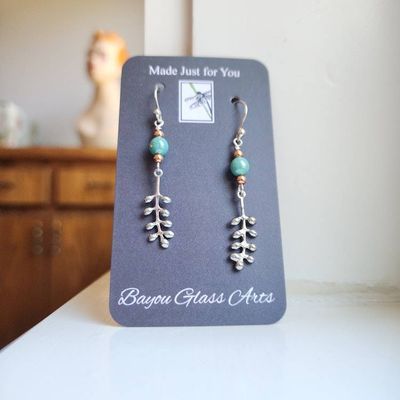 Alternate image for Handmade Long Dangle Earrings, Turquoise & Copper with Sterling Silver Ear Wires
