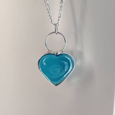 Alternate image for Handmade Chunky Heart Necklace, Thick Aquamarine Glass Pendant, Valentines Day Gift for Her
