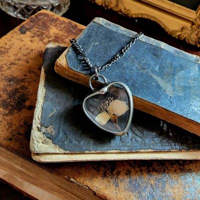 Alternate image for Pressed Flower Jewelry, Wild Plum Heart Necklace for Women, Quality Glass Terrarium Pendant,