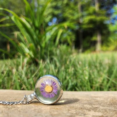 Alternate image for Purple Flower Necklace for Women, Dry Pressed Flower Jewelry, Glass not Resin, Real Aster Pendant, September Birth Flower