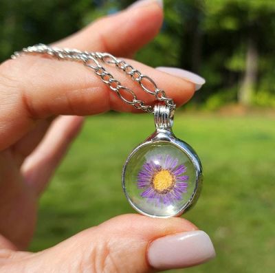 Alternate image for Purple Flower Necklace for Women, Dry Pressed Flower Jewelry, Glass not Resin, Real Aster Pendant, September Birth Flower