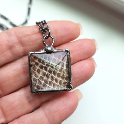 Alternate image for Real Snakeskin Pendant Necklace, Handmade Stained Glass Jewelry