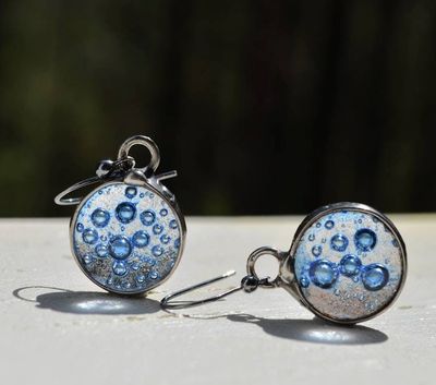 Alternate image for Blue Bubble Dot Earrings, Handcrafted Fused Glass Dangles, Blue Mermaid Kiss Drop Earrings