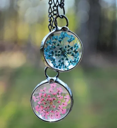 Alternate image for Pressed Flower Necklace for Women, Pink Queen Annes Lace Pendant, Dried Flower Jewelry