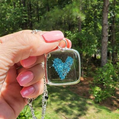 Alternate image for Blue Fused Glass Heart Necklace, Aqua Bubble Heart in Silver Frame Pendant