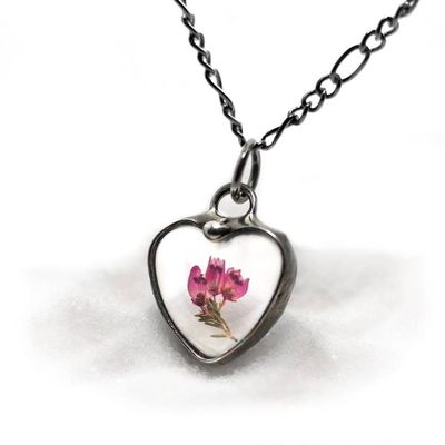 Alternate image for Pressed Flower Necklace for Women, Dainty Heather Heart Pendant Charm, Glass not Resin, Real Pink Wildflowers