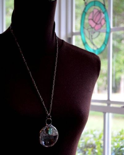 Alternate image for Magnifying Glass Necklace for Women, Blue Glass Opal Inset, Glass Magnifier Pendant, Useful Handmade Jewelry