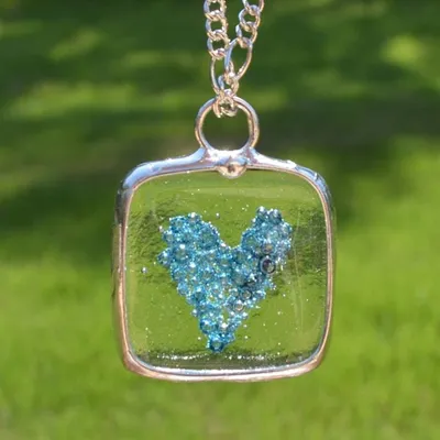 Alternate image for Blue Fused Glass Square, Heart Necklace for Women, Blue Bubble Heart Pendant, Handcrafted in USA