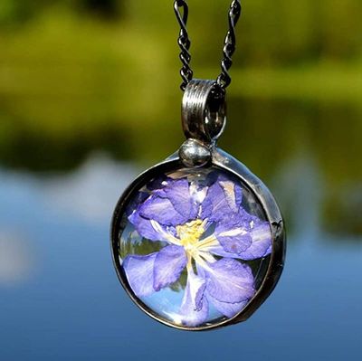 Primary image for Pressed Flower Necklace, Purple Larkspur Jewelry, Natural Flower Pendant, July Birth Flower