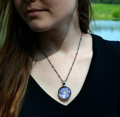 Alternate image for Pressed Flower Necklace, Purple Larkspur Jewelry, Natural Flower Pendant, July Birth Flower