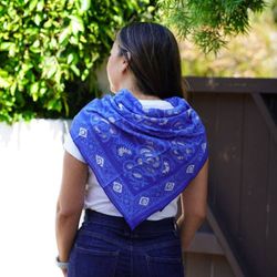 Image for Large 39 Batik Bandana, Hand Dyed, 100% Soft Cotton, Oversized Large Head Scarf for Hair, Blue Roses