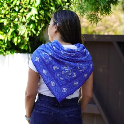 Alternate image for Large 39 Batik Bandana, Hand Dyed, 100% Soft Cotton, Oversized Large Head Scarf for Hair, Blue Roses