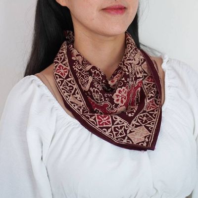 Alternate image for Hand Dyed Batik Bandana, 100% Soft Cotton, Sunlit Garden, Red Burgundy
