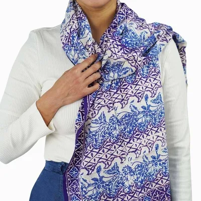 Alternate image for Handmade Batik Scarf - soft Cotton - Vines in Navy Blue