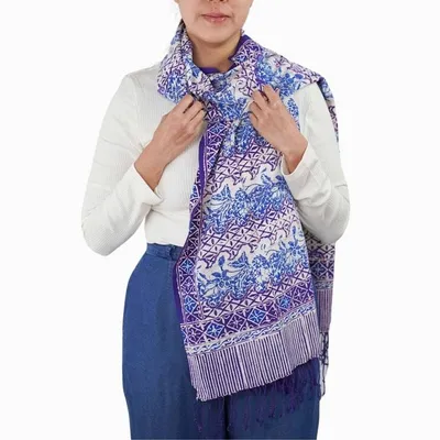 Alternate image for Handmade Batik Scarf - soft Cotton - Vines in Navy Blue