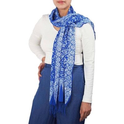 Alternate image for Handmade Batik Scarf, soft Cotton, Boulder, Blue, Light Blue, White