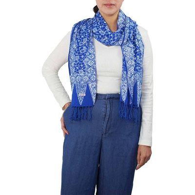 Alternate image for Handmade Batik Scarf, soft Cotton, Boulder, Blue, Light Blue, White