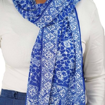 Alternate image for Handmade Batik Scarf, soft Cotton, Boulder, Blue, Light Blue, White