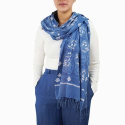 Image for Hand Dyed Batik Scarf - Soft Cotton, Blue Roses, White, Floral, Flower