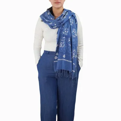 Alternate image for Hand Dyed Batik Scarf - Soft Cotton, Blue Roses, White, Floral, Flower