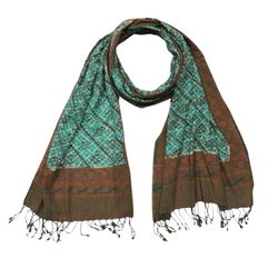 Image for Handmade Batik Scarf, soft Cotton, Leaf Grid, Green, Leaves, Vines, Cream