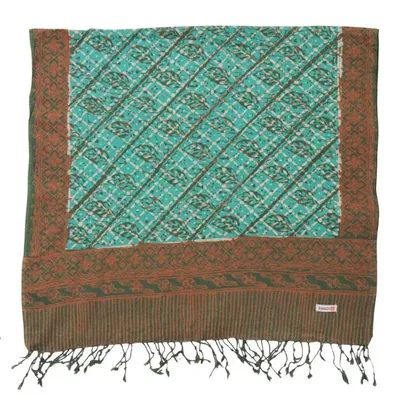 Alternate image for Handmade Batik Scarf, soft Cotton, Leaf Grid, Green, Leaves, Vines, Cream