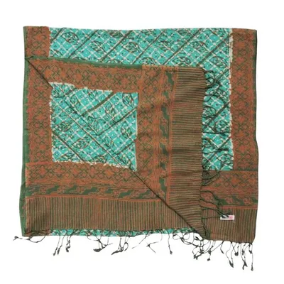 Alternate image for Handmade Batik Scarf, soft Cotton, Leaf Grid, Green, Leaves, Vines, Cream