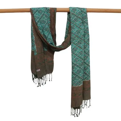 Alternate image for Handmade Batik Scarf, soft Cotton, Leaf Grid, Green, Leaves, Vines, Cream