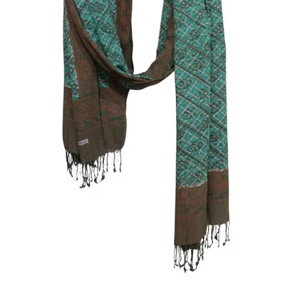 Alternate image for Handmade Batik Scarf, soft Cotton, Leaf Grid, Green, Leaves, Vines, Cream