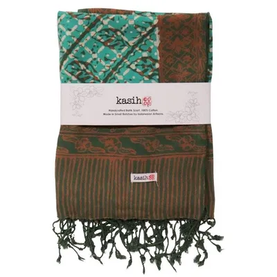 Alternate image for Handmade Batik Scarf, soft Cotton, Leaf Grid, Green, Leaves, Vines, Cream