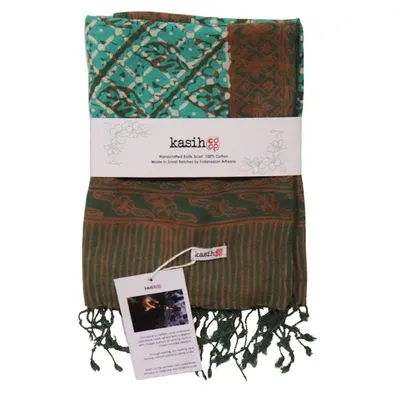 Alternate image for Handmade Batik Scarf, soft Cotton, Leaf Grid, Green, Leaves, Vines, Cream