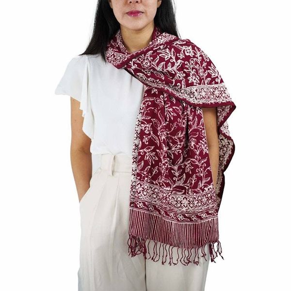 Alternate image for Handmade Batik Scarf, soft Cotton, Red White Cherish, Burgundy